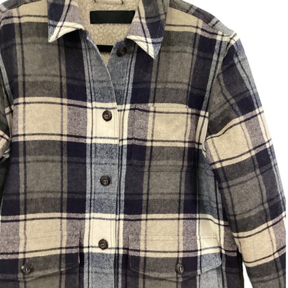 Jenni Kayne Shearling Farmhouse Jacket Wool Plaid Navy XL – Rare Sold Out - Picture 4 of 13